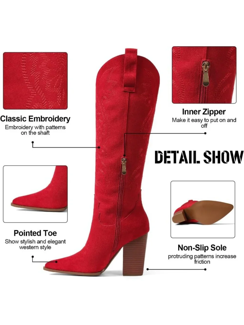 Women' Red Leather Pull-on Pointed Toe Western Cowgirl Cowboy Knee High Boots - Picture 4 of 6